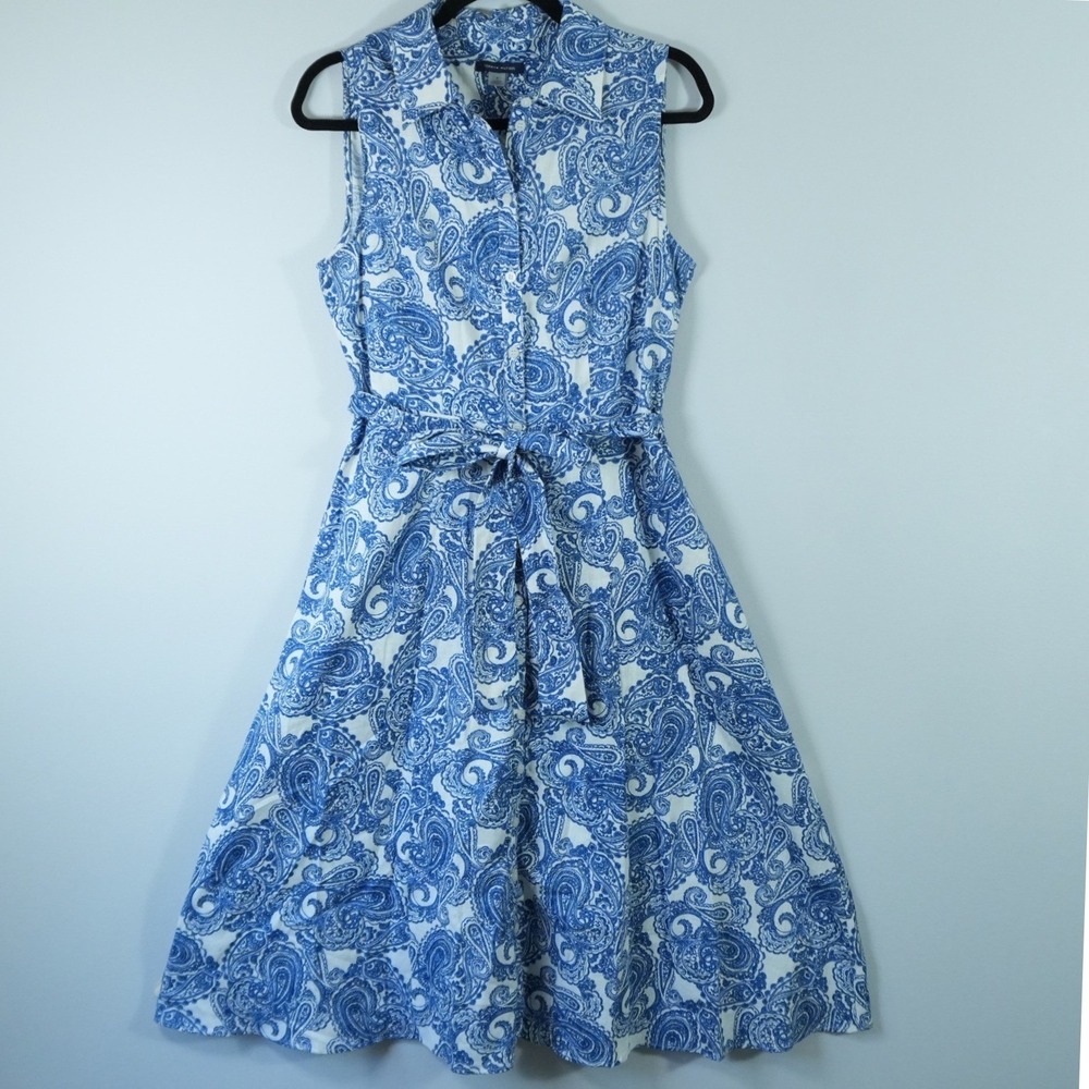 Tommy Hilfiger Blue White Paisley Linen Cotton Shirt Dress Belted Midi Size 8
